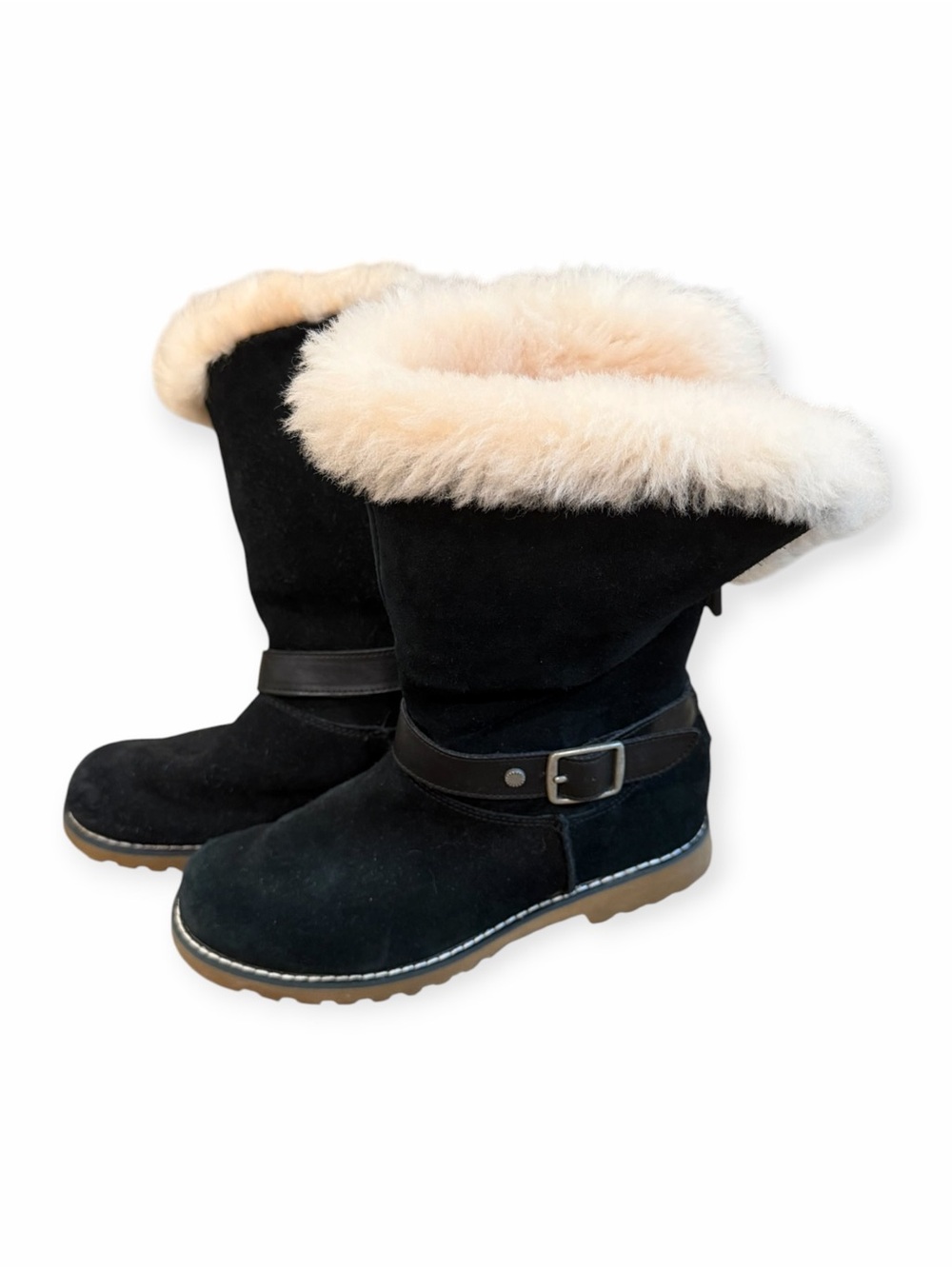 NWOT, UGG, Kids Black Suede Boots with Shearling Trim, Size 4